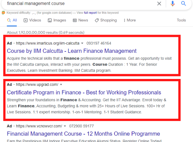 Google Search Ads of financial management course