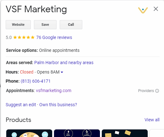 Google My Business profile of VSF Marketing – GMB is an important part of SEO tips